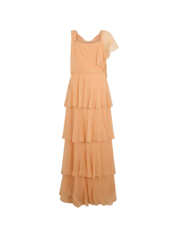 alberta ferretti silk chiffon dress Long chiffon dress with V-neckline and cape