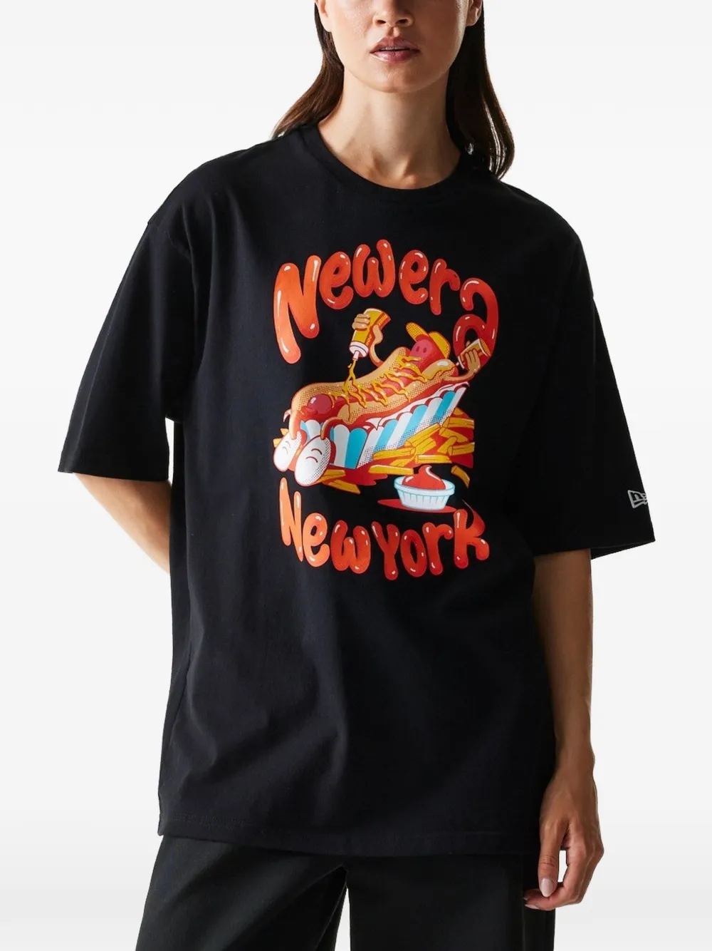 NEW ERA CAP Oversized T-shirt met grafische hotdog-print Zwart