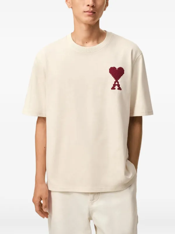 AMI Paris Ami De Coeur zigzag-embroidered T-shirt | Neutrals