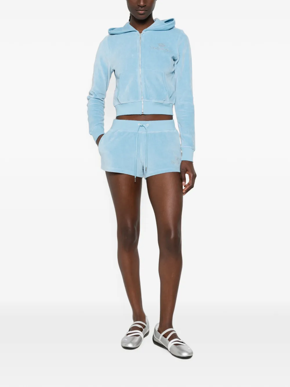 Sporty & Rich x Juicy Couture rhinestone-logo velour shorts - Blue