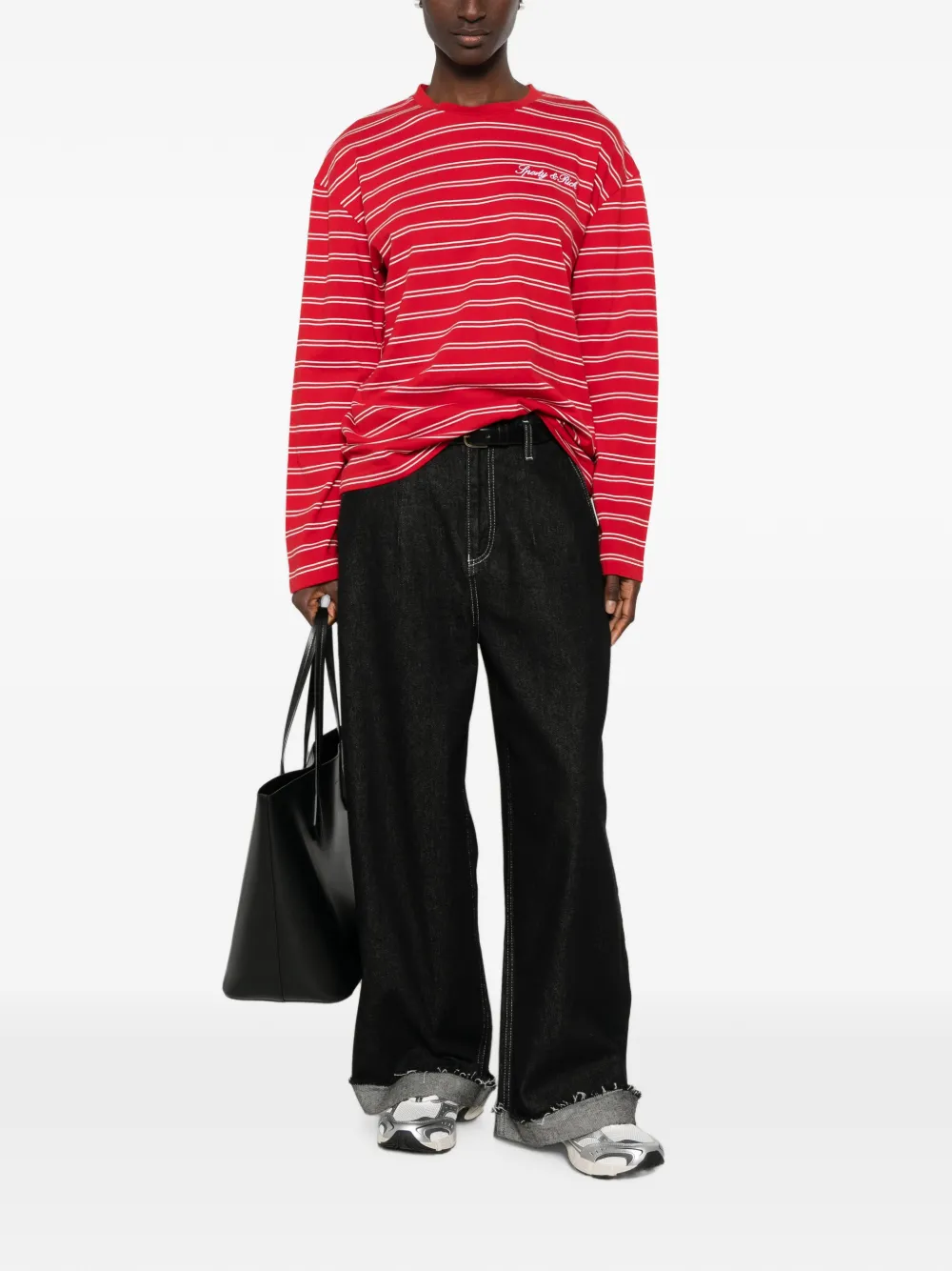 Sporty & Rich striped logo-embroidered long-sleeve cotton T-shirt - Rosso
