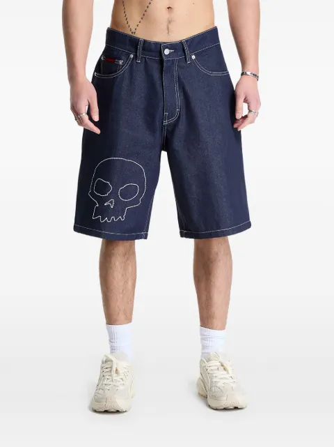 Pleasures skull-embroidered denim shorts