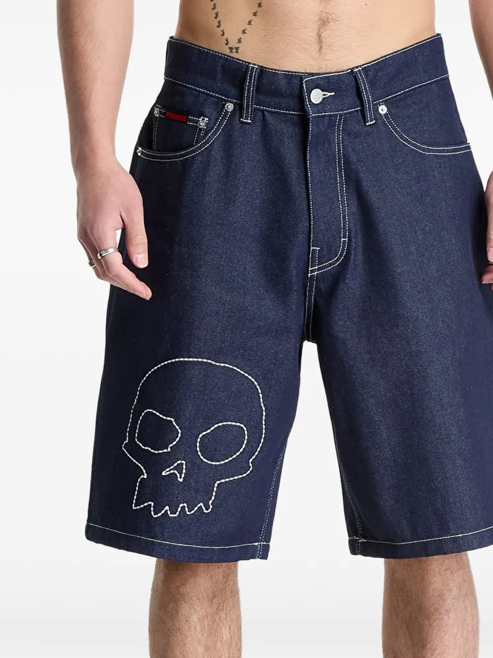 Pleasures Denim shorts met geborduurde doodskop Blauw