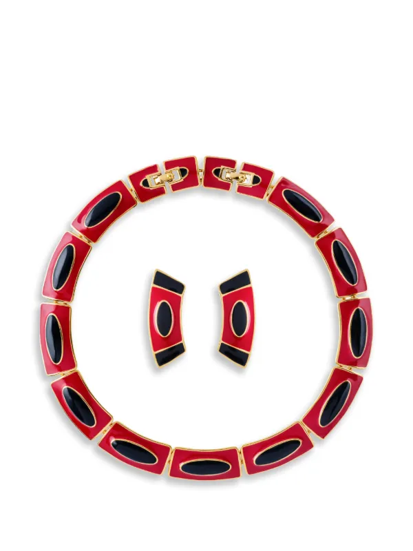 Monet Pre-owned 1980s Geometric Earring and Necklace Set in Red