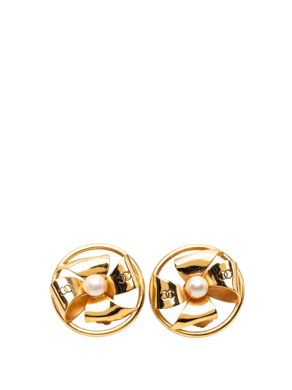 CHANEL Pre-Owned 1990-2010 CC Gold Plated Faux Pearl Round Ribbon Clip On Earrings costume earrings - Oro