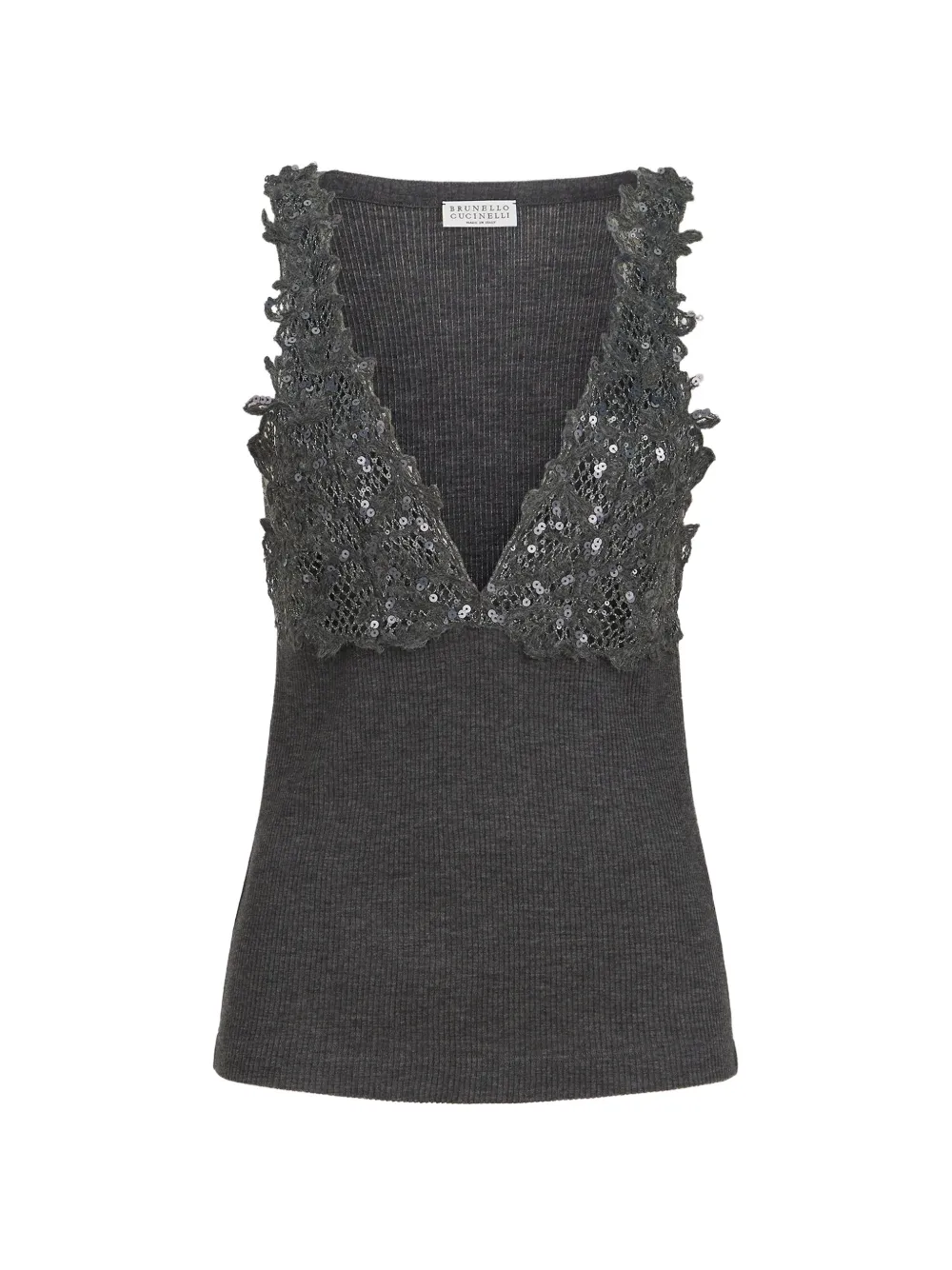 Brunello Cucinelli Ribbed Wool Jersey Top With Dazzling Lace Embroidery In 그레이
