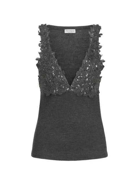 Brunello Cucinelli ribbed wool jersey top with dazzling lace embroidery
