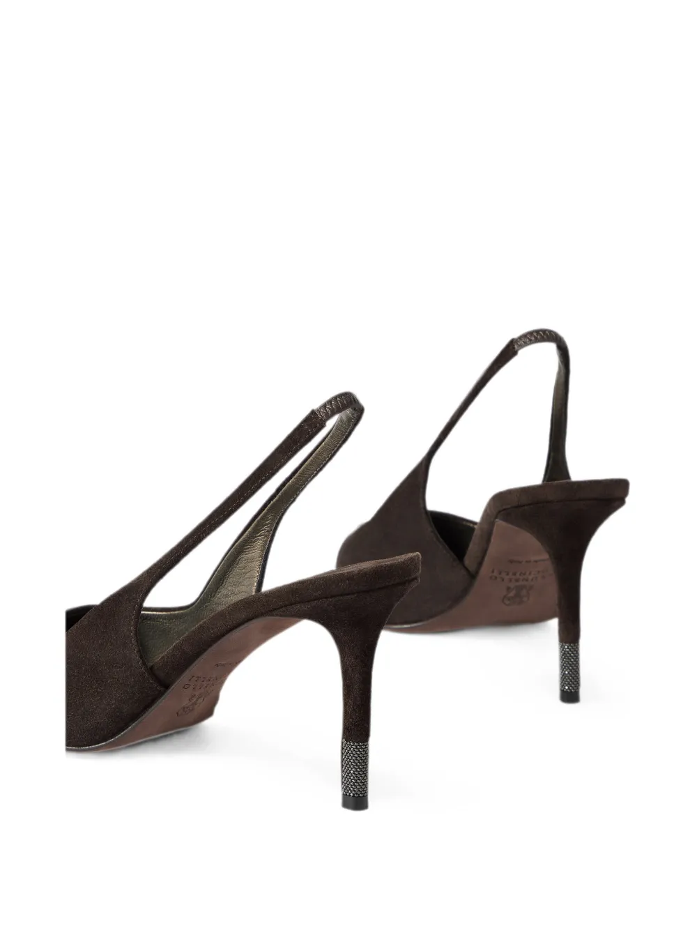 Brunello Cucinelli suede slingback heels with Monili Bruin