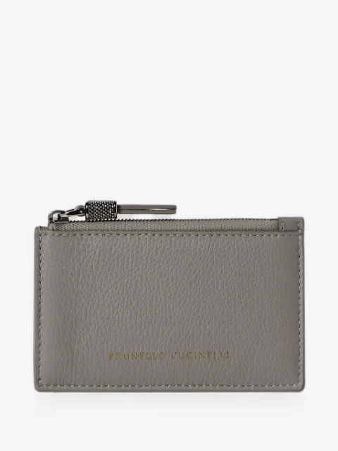 Brunello Cucinelli grained calfskin card case with shiny zipper pull