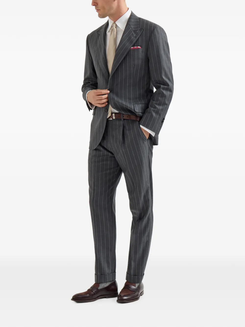Brunello Cucinelli Super 150s Batavia plooibroek met brede krijtstreep en scheerwol Grijs