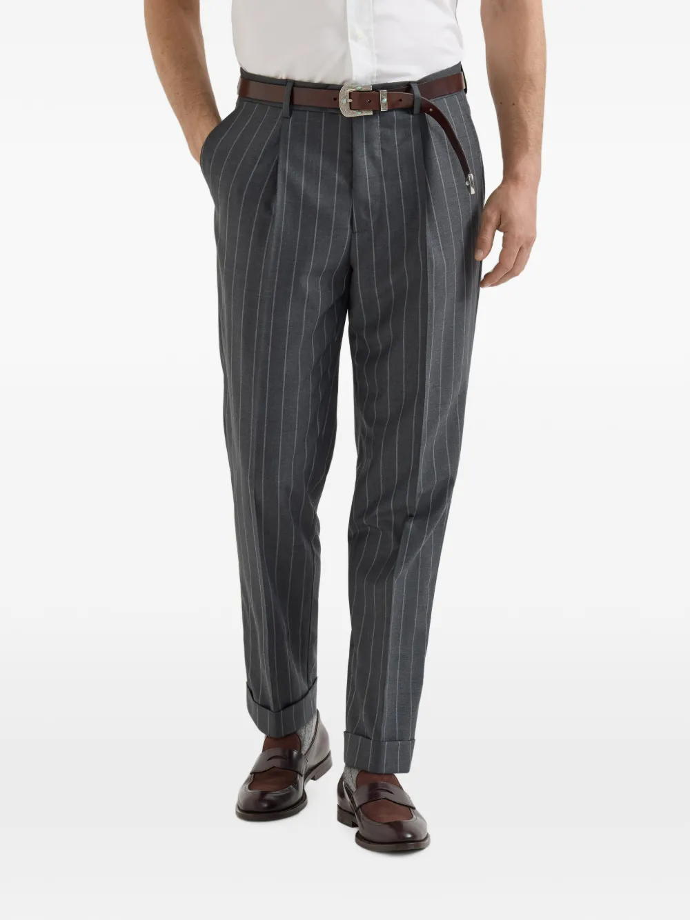 Brunello Cucinelli Super 150s Batavia plooibroek met brede krijtstreep en scheerwol Grijs