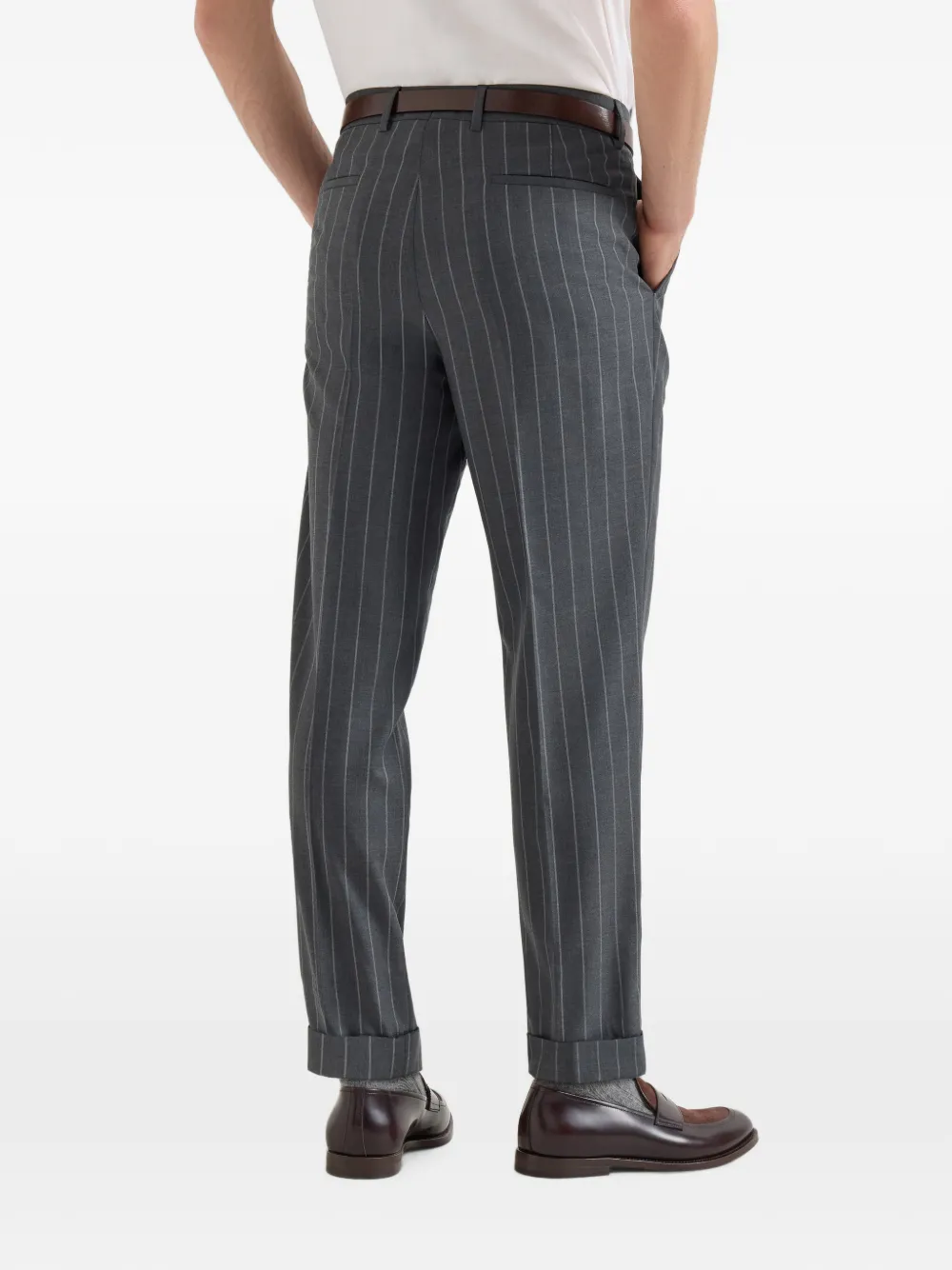 Brunello Cucinelli Super 150s Batavia plooibroek met brede krijtstreep en scheerwol Grijs