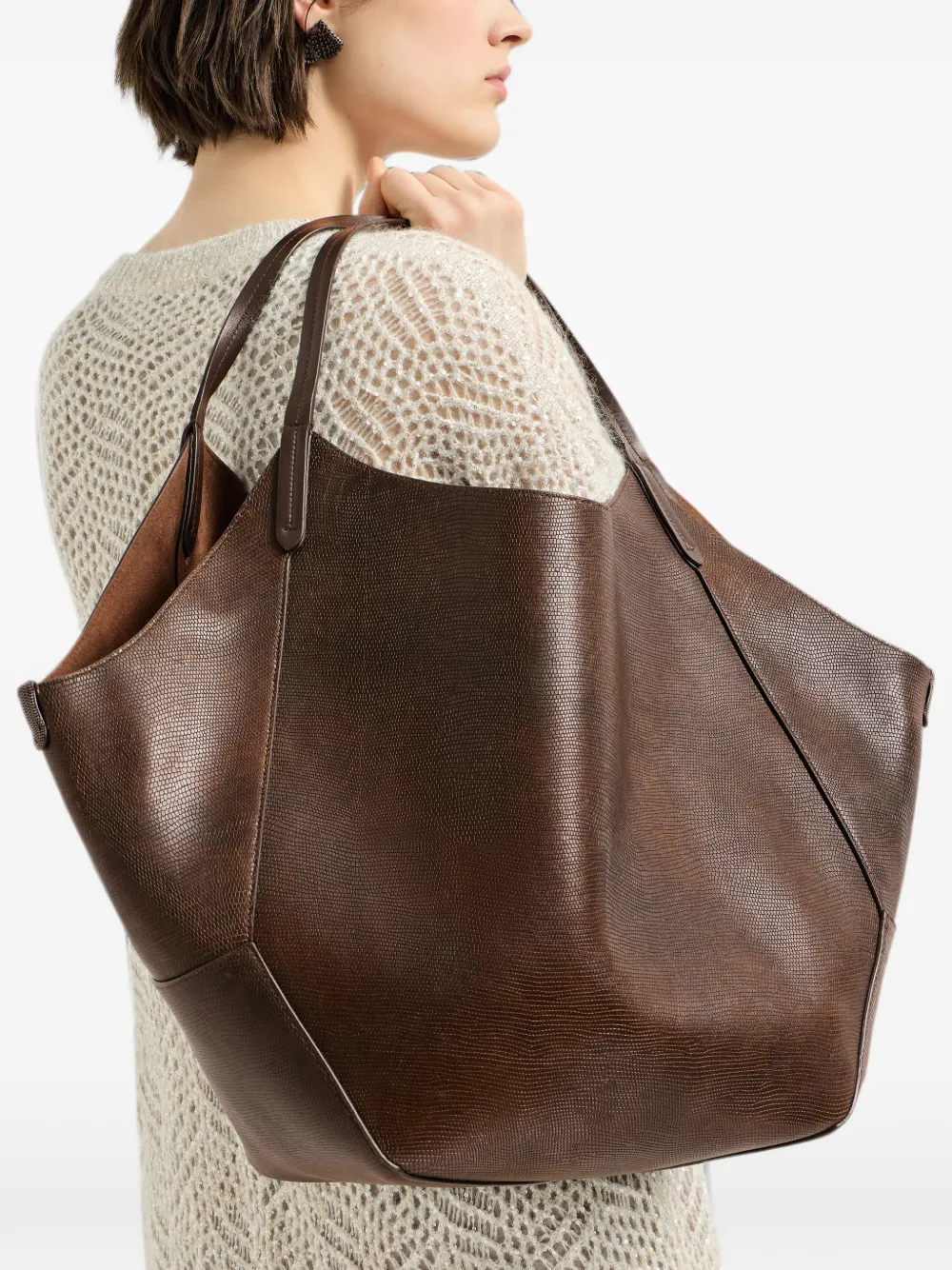 Brunello Cucinelli Leren bucket-tas met hagedissen-effect Bruin