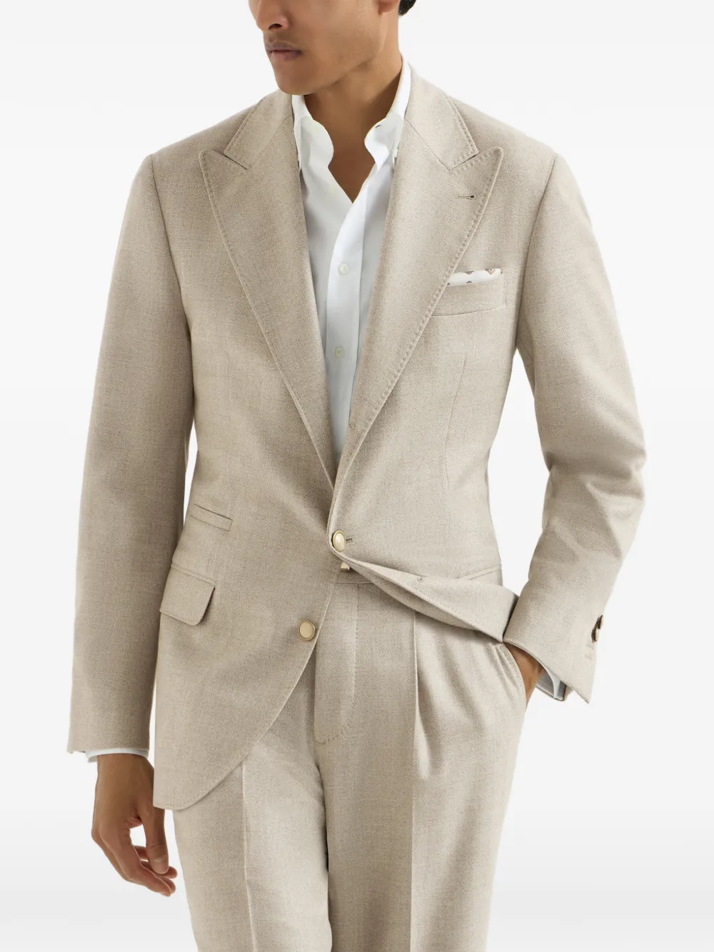 Brunello Cucinelli Mouliné scheerwollen twill gedeconstrueerde blazer met grote puntige revers Beige