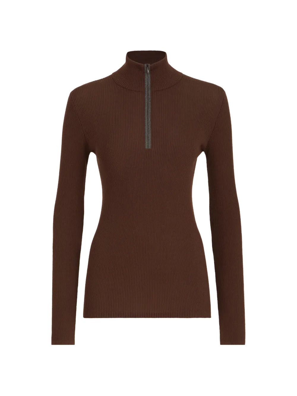 Brunello Cucinelli virgin wool and cashmere lightweight ribbed turtleneck sweater with precious half-zip - Marrone