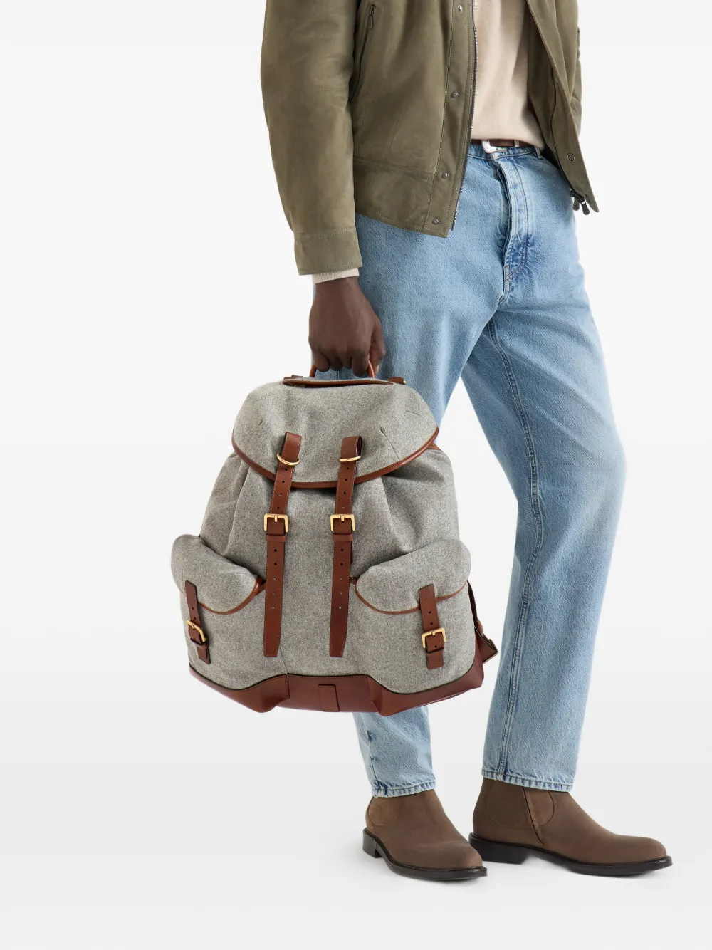 Brunello Cucinelli virgin wool, alpaca and cashmere flannel field backpack with grained calfskin inserts - Grigio