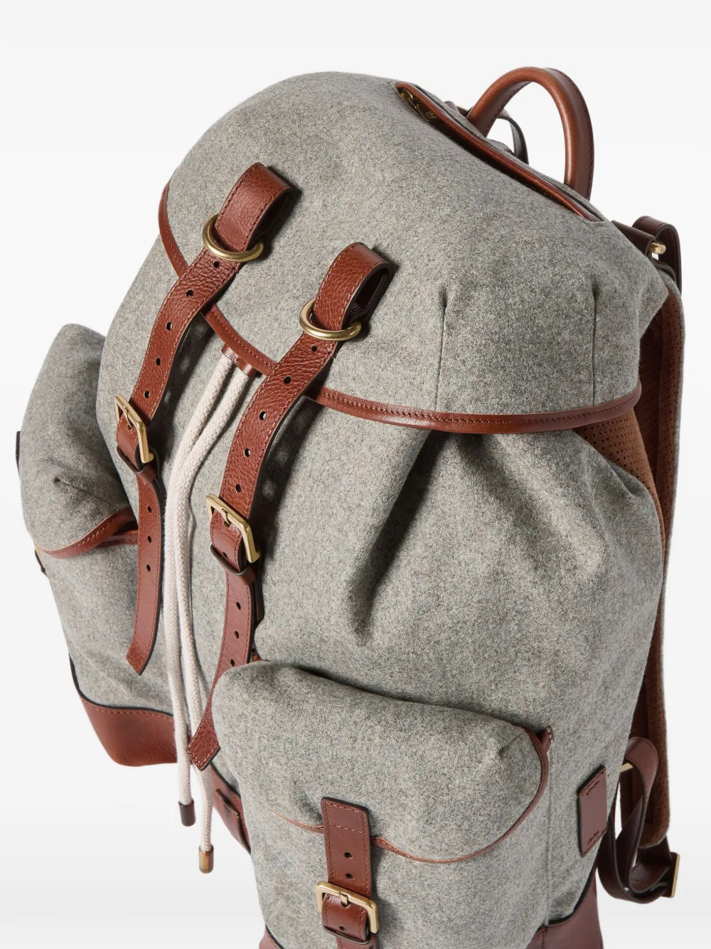  Brunello Cucinelli Zaino In Flanella Di Lana Vergine, Alpaca E Cashmere Con Inserti In Pelle Di Vitello Zigrinata - Grigio 