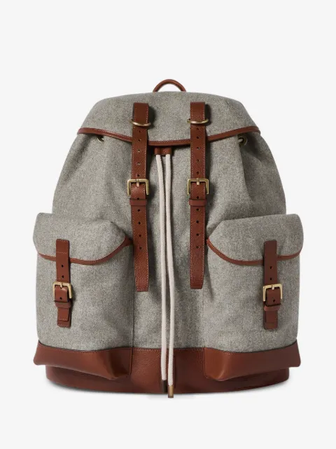 Brunello Cucinelli virgin wool, alpaca and cashmere flannel field backpack with grained calfskin inserts