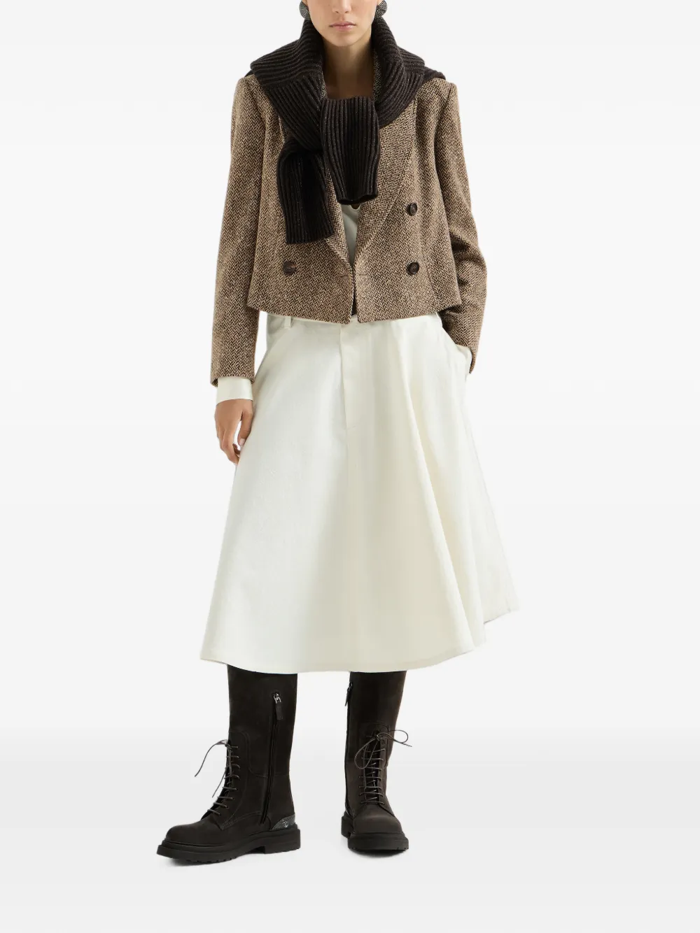 Brunello Cucinelli Cropped blazer met scheerwol en chevron-streep Bruin