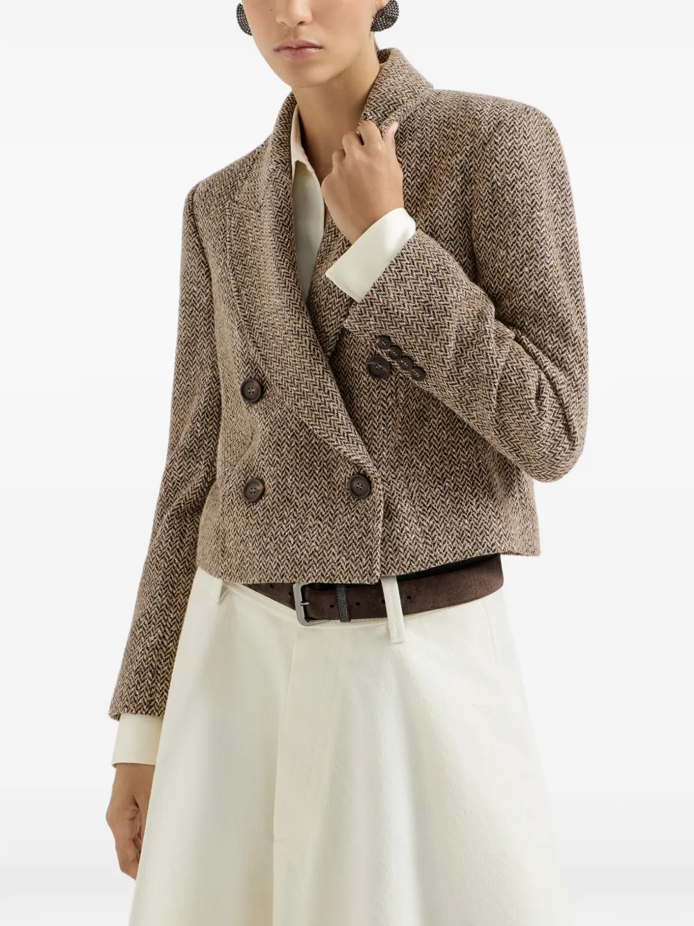 Brunello Cucinelli Cropped blazer met scheerwol en chevron-streep Bruin
