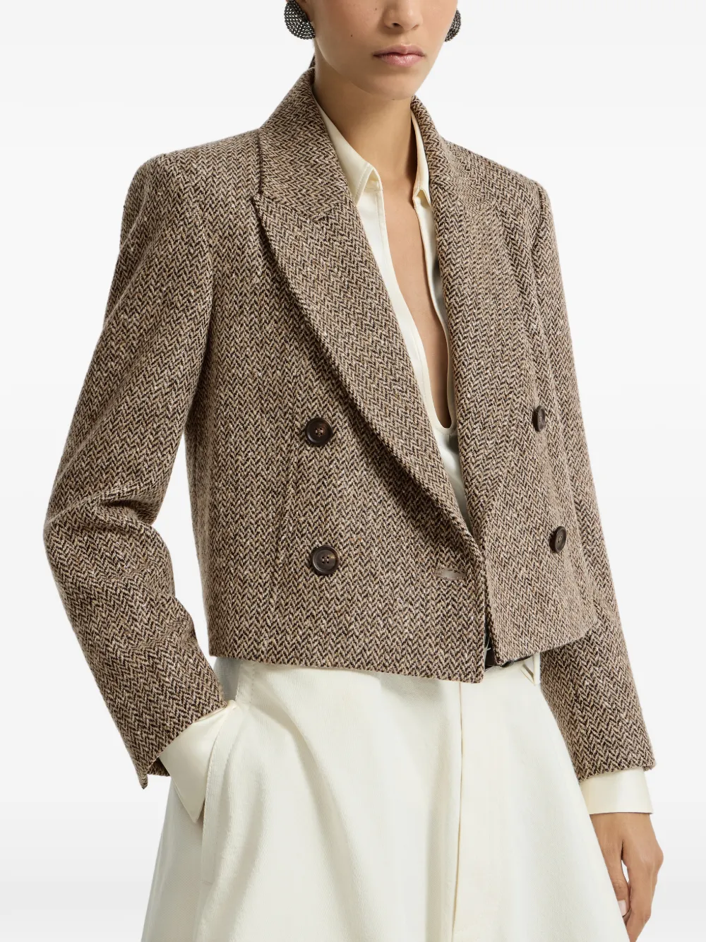 Brunello Cucinelli Cropped blazer met scheerwol en chevron-streep Bruin