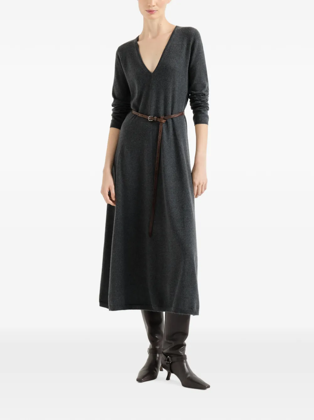 Brunello Cucinelli Kasjmier gebreide jurk met riem en Monili Grijs