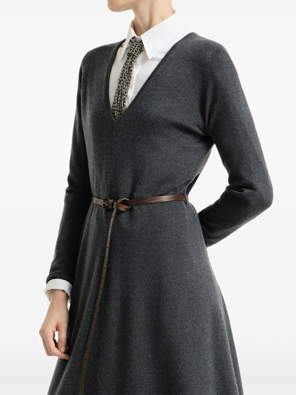 Brunello Cucinelli Kasjmier gebreide jurk met riem en Monili Grijs