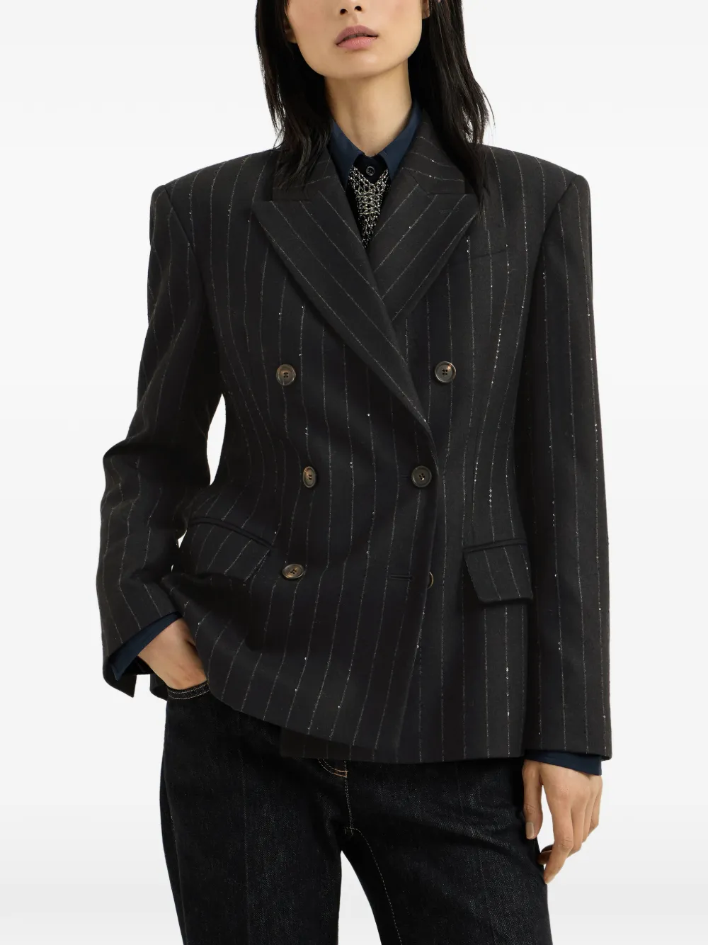 Brunello Cucinelli Comfort scheerwollen blazer met krijtstreep en Monili Blauw