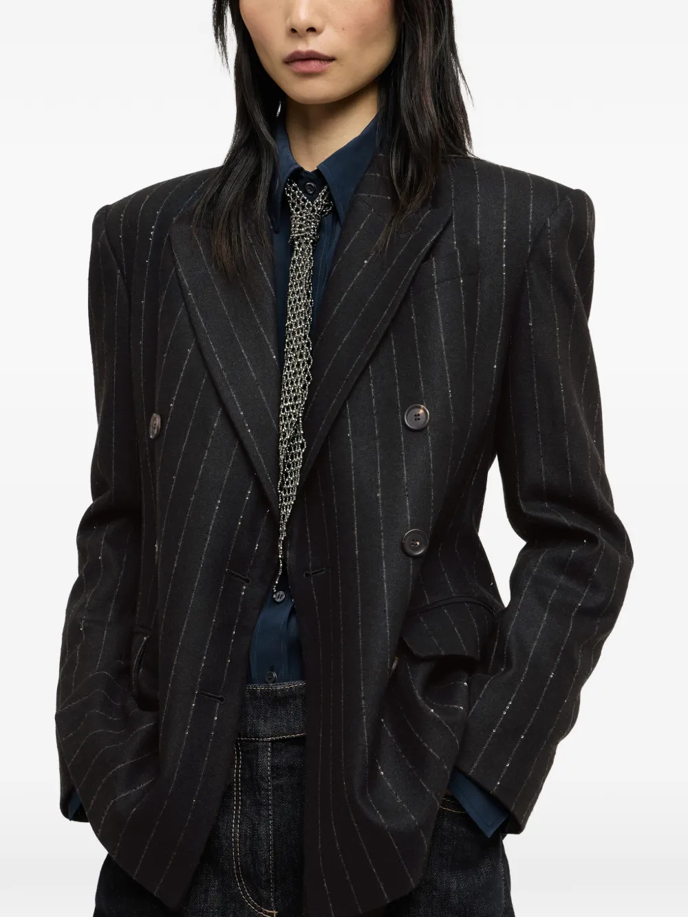 Brunello Cucinelli Comfort scheerwollen blazer met krijtstreep en Monili Blauw