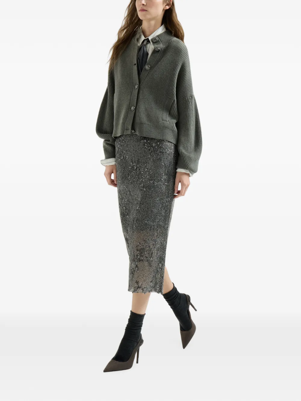 Brunello Cucinelli Dazzling lace-embroidery pencil skirt in sparkling mohair and wool - Grau