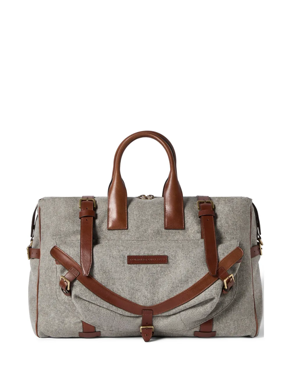 Brunello Cucinelli virgin wool, alpaca and cashmere flannel field bag with grained calfskin inserts - Grigio