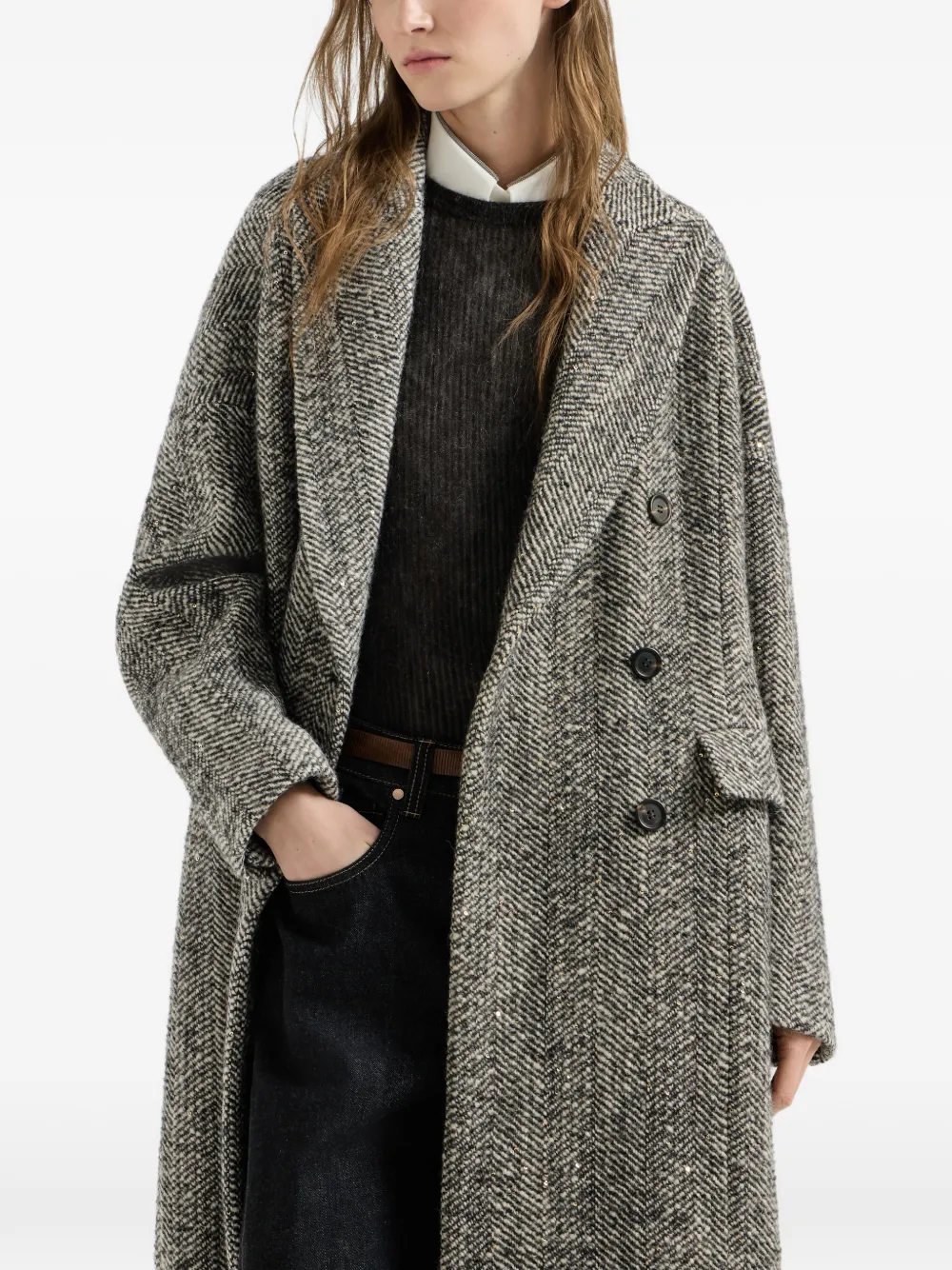 Brunello Cucinelli Monili chevron-knit Coat | Grey | FARFETCH