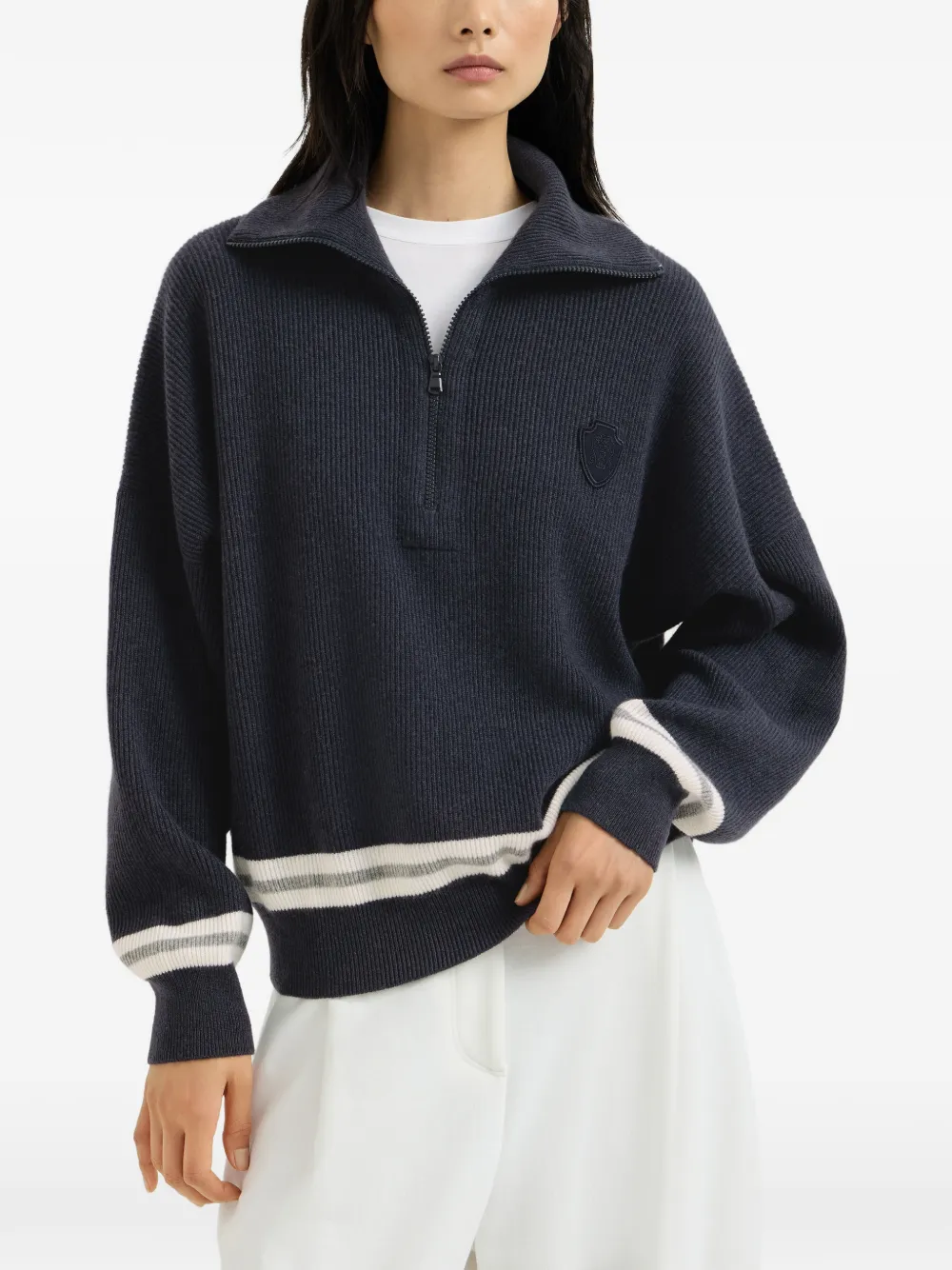 Brunello Cucinelli cashmere English-rib turtleneck sweater with half-zip and logo - Blau