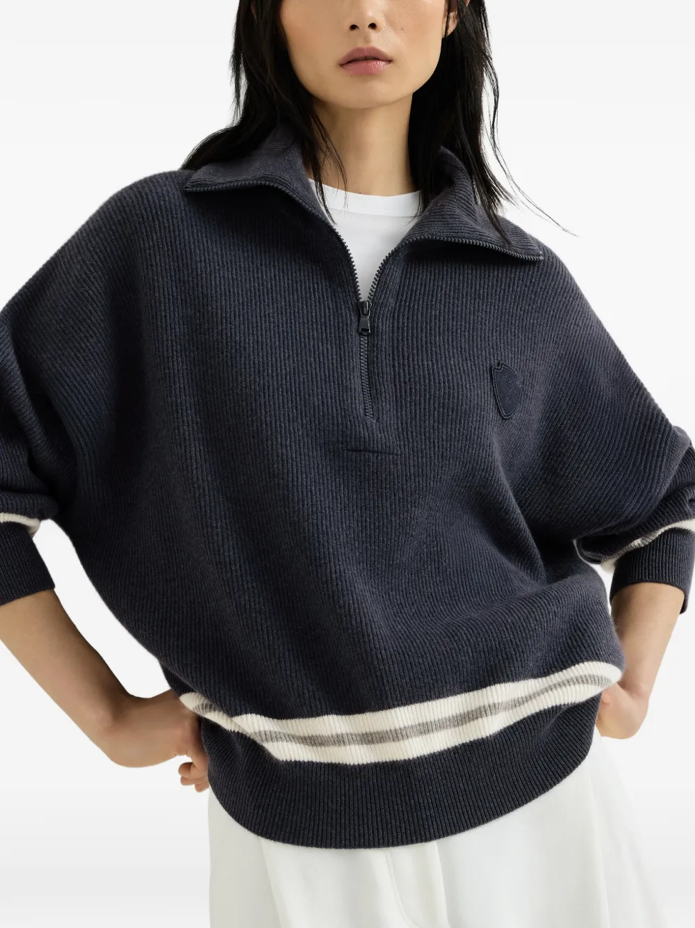 Brunello Cucinelli Kasjmier ribgebreide coltrui met halve rits en logo Blauw