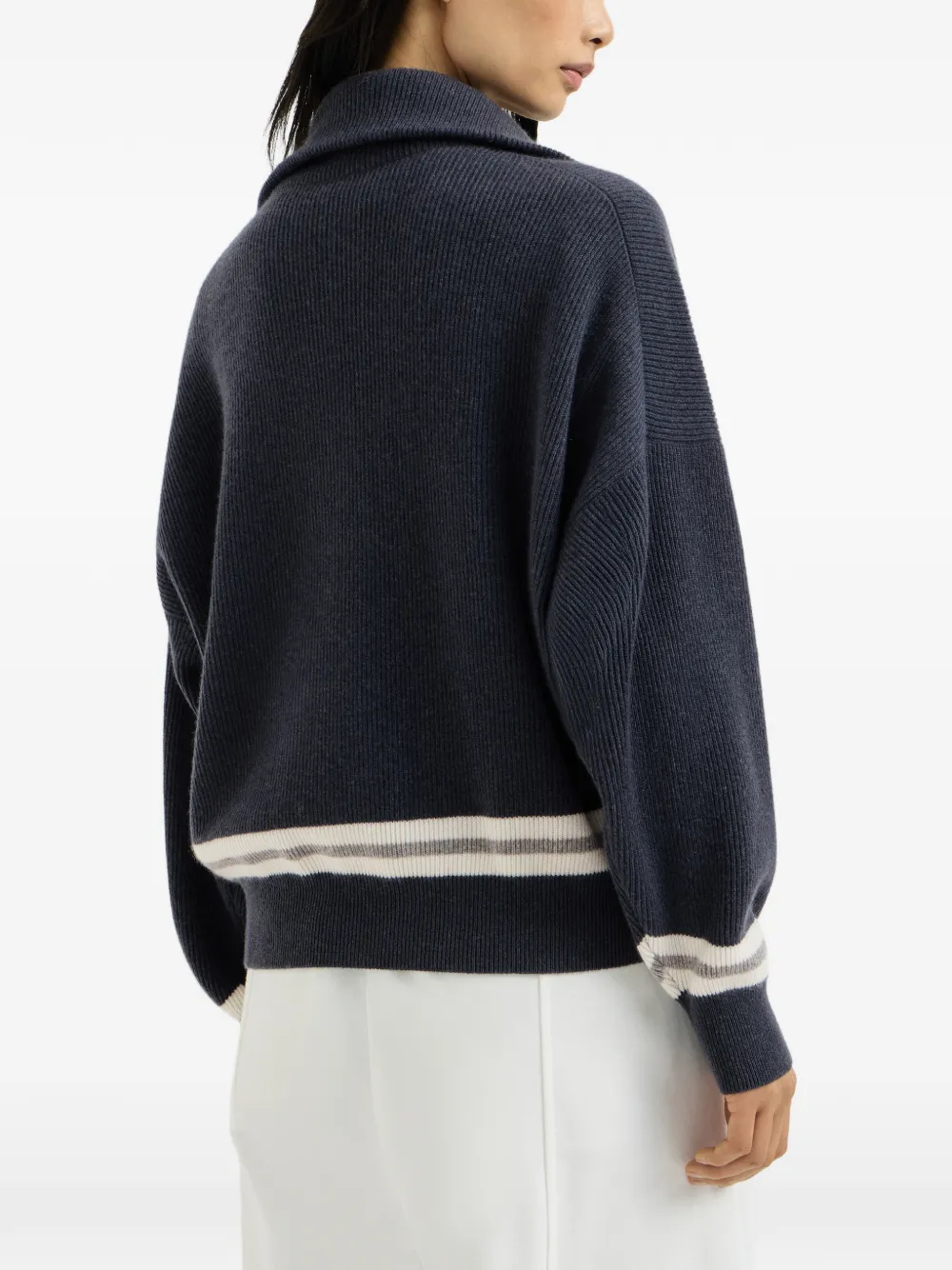 Brunello Cucinelli Kasjmier ribgebreide coltrui met halve rits en logo Blauw