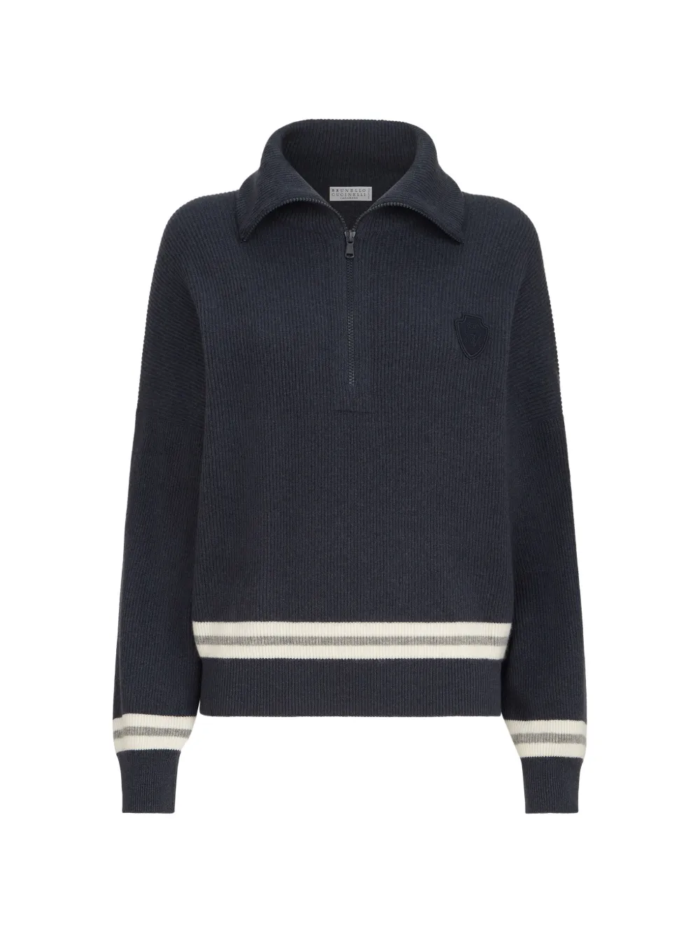 Brunello Cucinelli cashmere English-rib turtleneck sweater with half-zip and logo - Blu