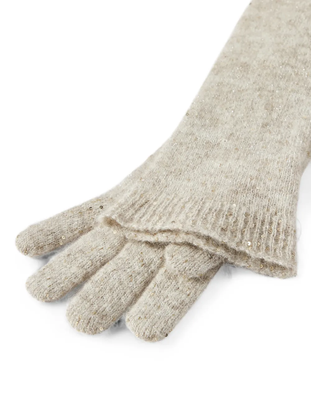 Brunello Cucinelli Lange gebreide handschoenen van glinsterend mohair en scheerwol met kanten bloemen Beige