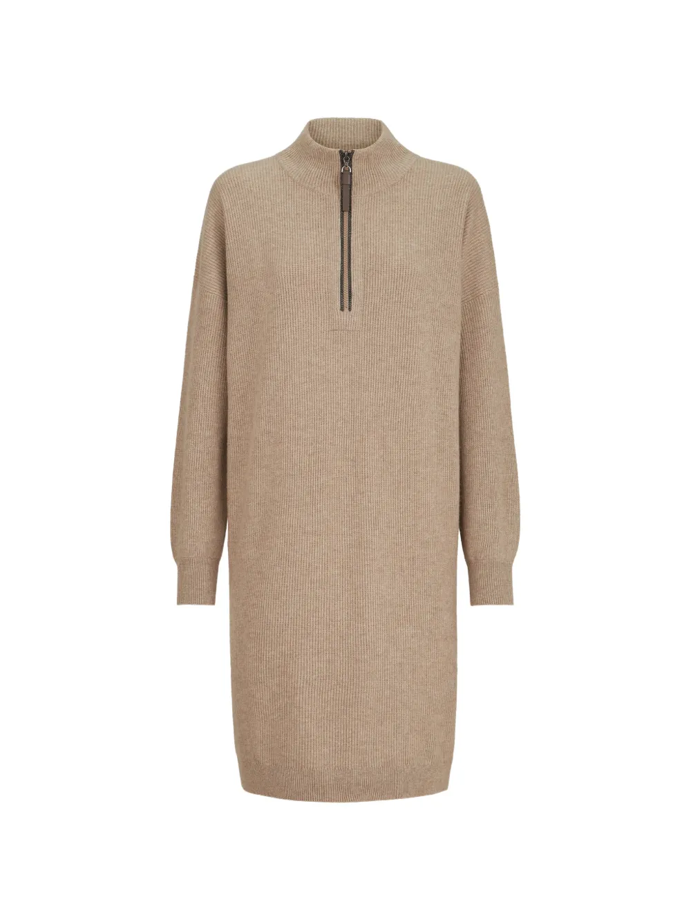 Brunello Cucinelli virgin wool, cashmere and silk rib-knit dress with precious half-zip - Nude