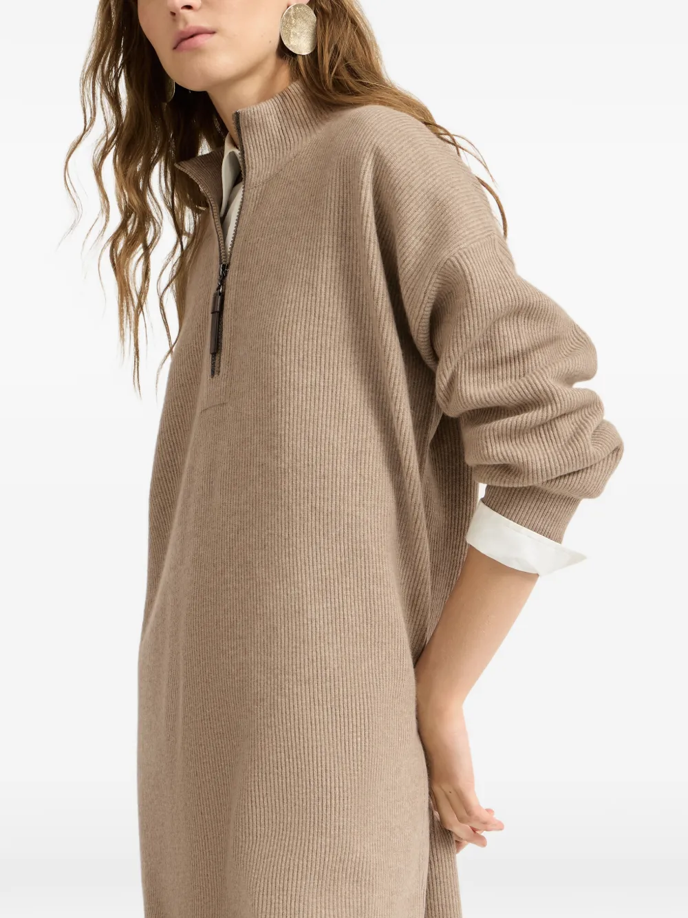Brunello Cucinelli Ribgebreide scheerwol- kasjmier- en zijden jurk met halve rits Beige
