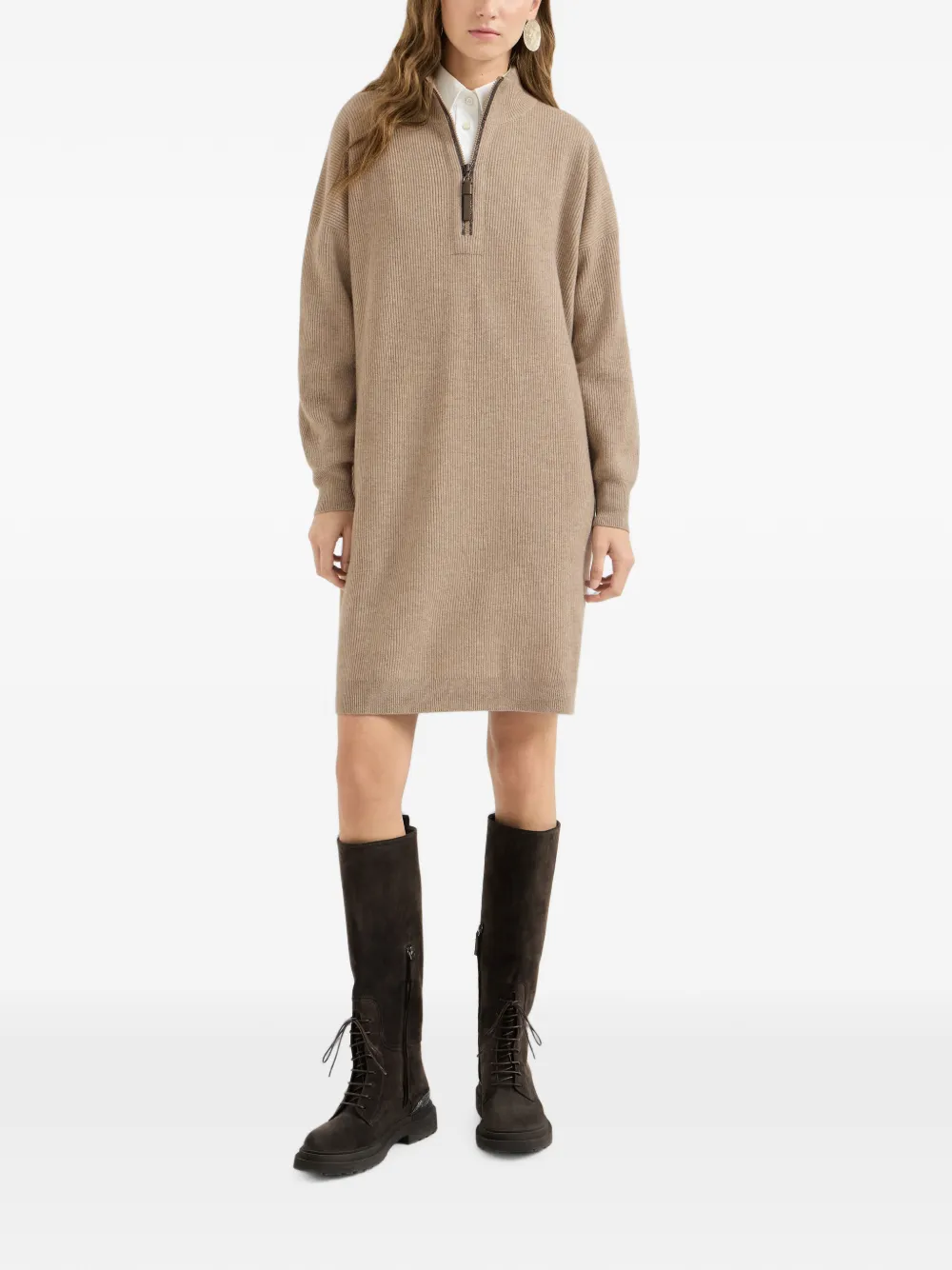 Brunello Cucinelli Ribgebreide scheerwol- kasjmier- en zijden jurk met halve rits Beige