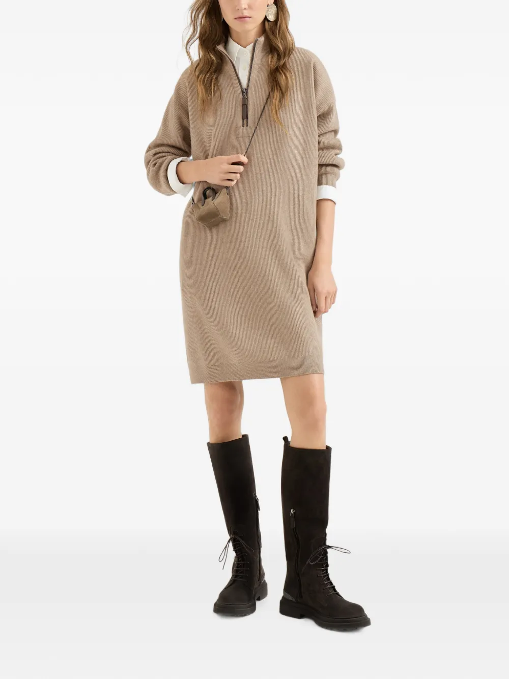Brunello Cucinelli Ribgebreide scheerwol- kasjmier- en zijden jurk met halve rits Beige