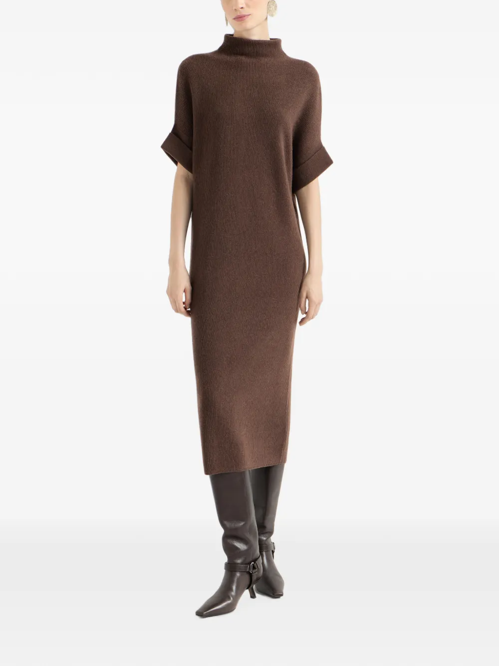 Brunello Cucinelli Kasjmier ribgebreide jurk met hoge hals Bruin