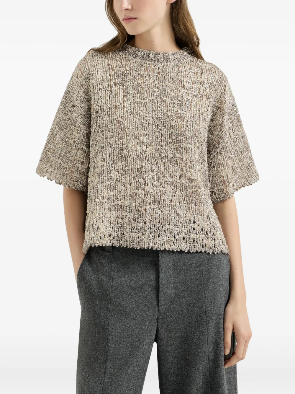 Brunello Cucinelli Dazzling T-shirt van mohair en wol met craquelé-borduurwerk Beige