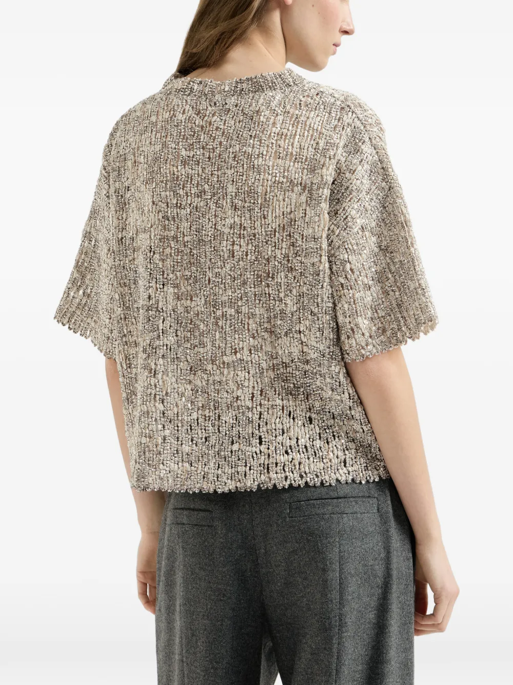 Brunello Cucinelli Dazzling T-shirt van mohair en wol met craquelé-borduurwerk Beige
