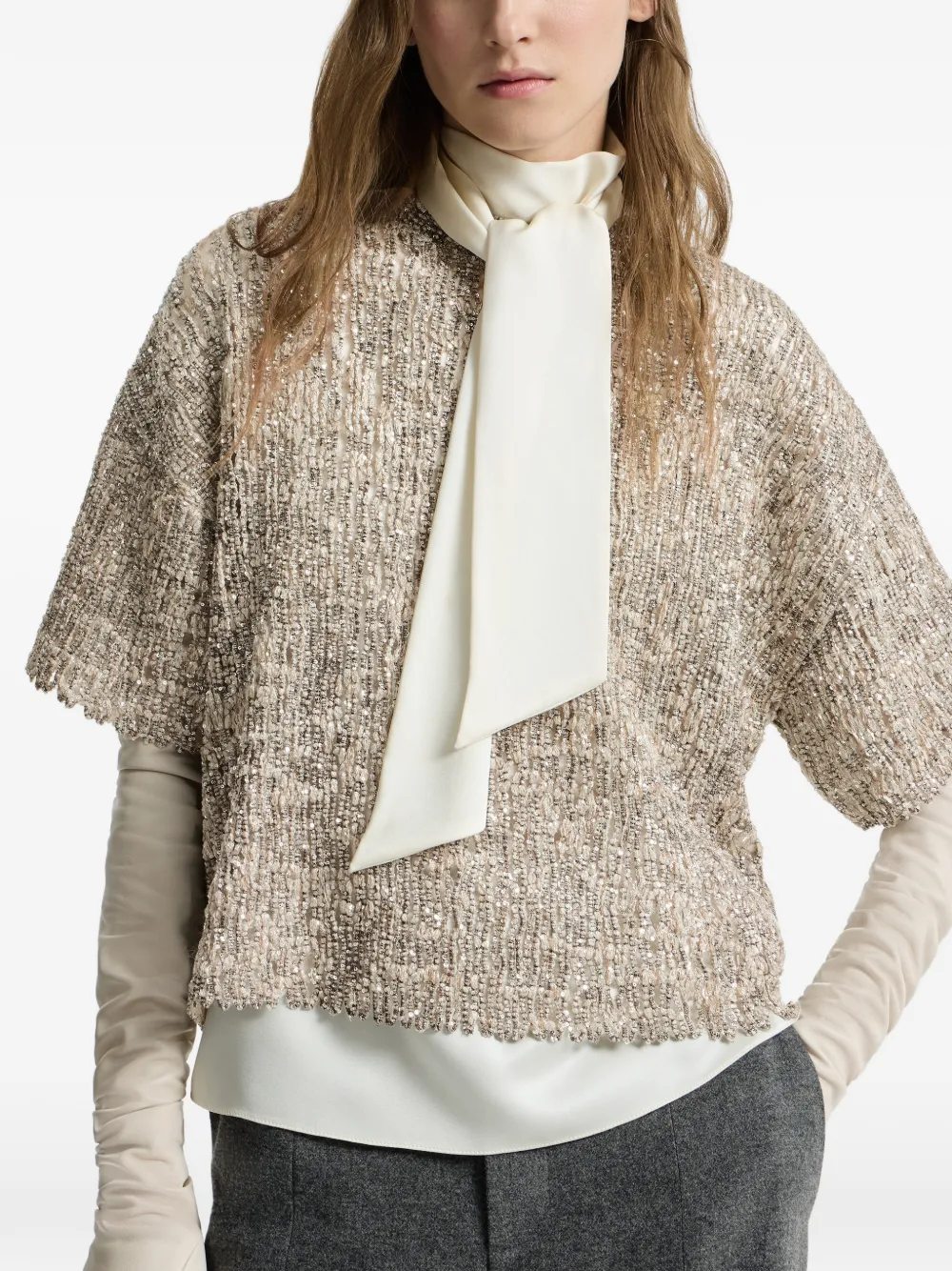 Brunello Cucinelli Dazzling T-shirt van mohair en wol met craquelé-borduurwerk Beige
