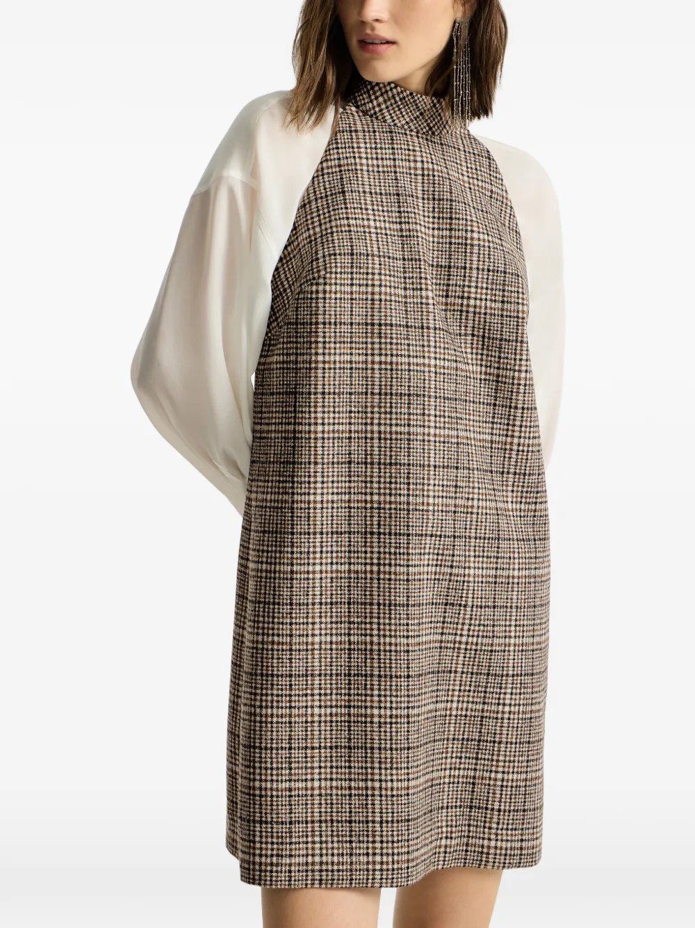 Brunello Cucinelli Geruite wollen en alpaca jurk met Monili-verfraaiing Beige