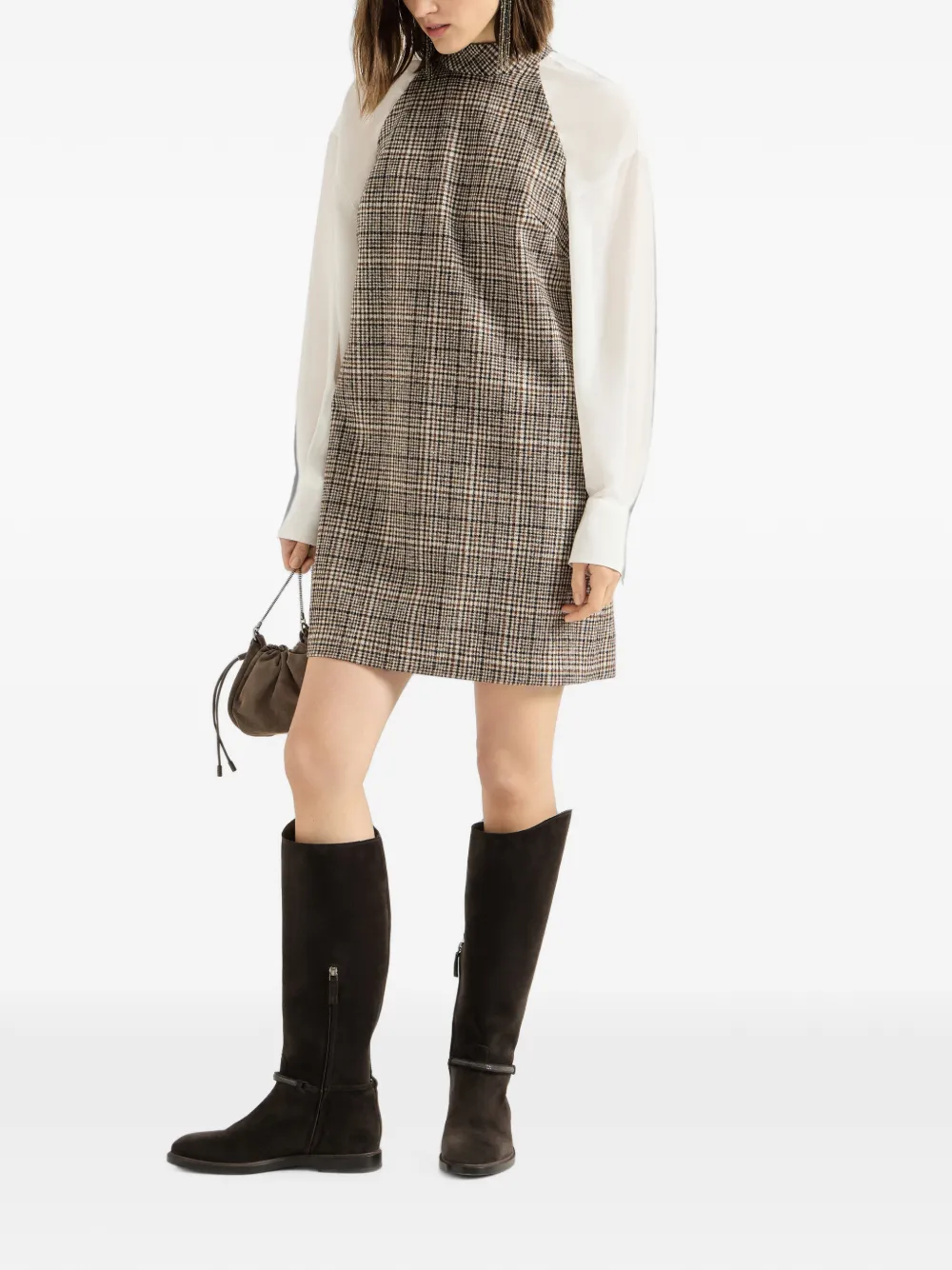 Brunello Cucinelli Geruite wollen en alpaca jurk met Monili-verfraaiing Beige