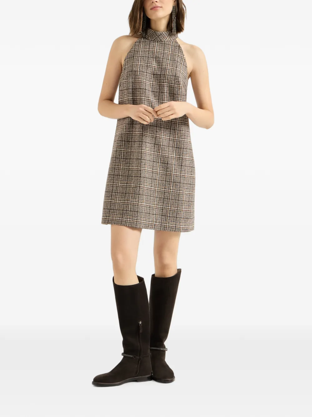 Brunello Cucinelli Geruite wollen en alpaca jurk met Monili-verfraaiing Beige