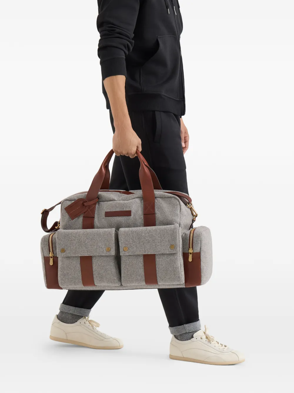 Brunello Cucinelli Virgin Wool, Alpaca And Cashmere Flannel Leisure Bag With Grained Calfskin Inserts - Gris 