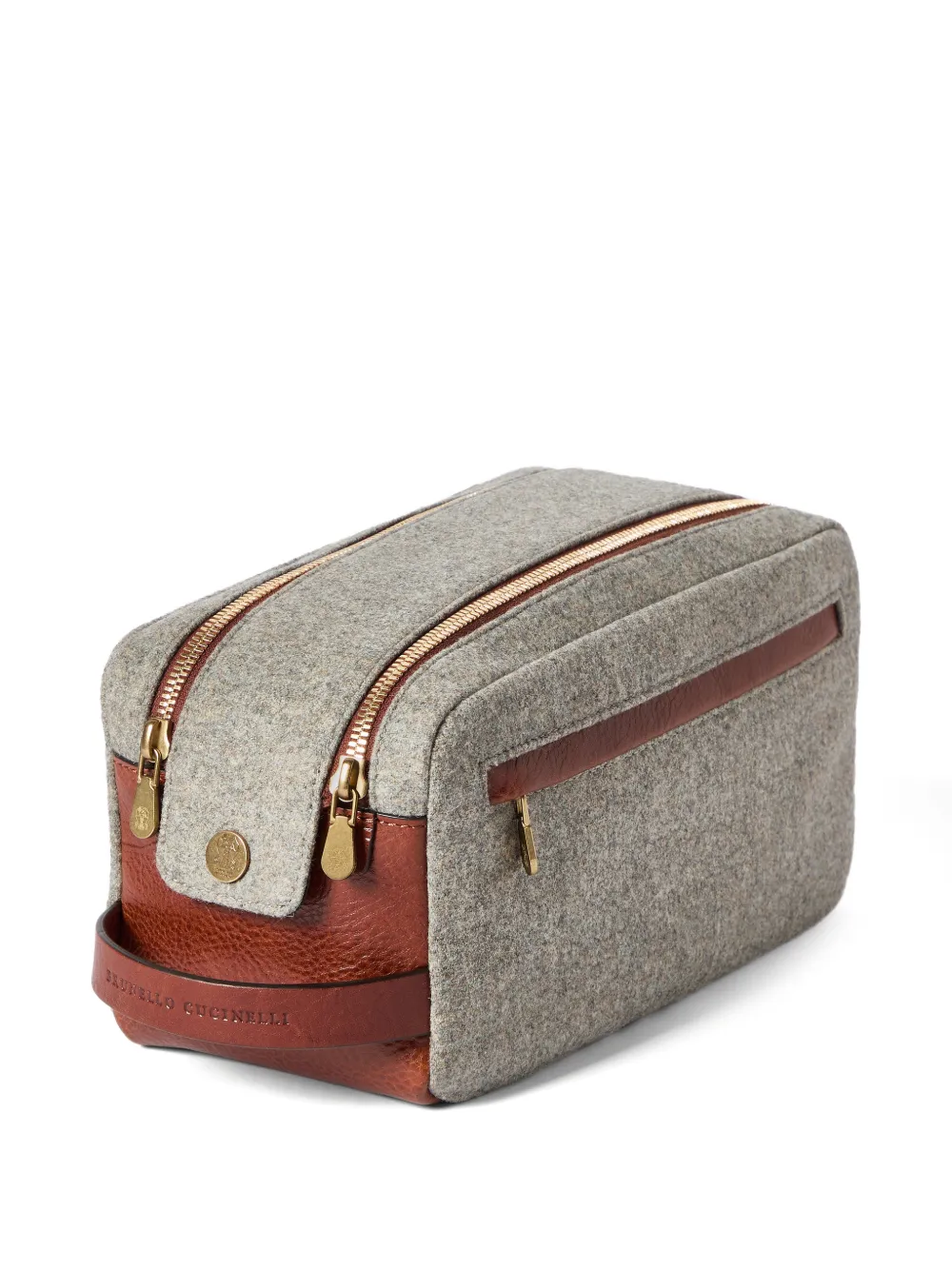  Brunello Cucinelli Virgin Wool, Alpaca And Cashmere Flannel Beauty Case With Grained Calfskin Inserts And Double Zipper - Gris 